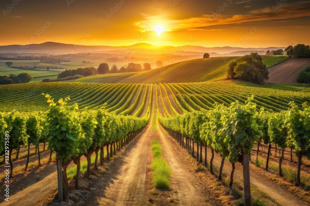 Fototapeta premium Golden Hour Vineyard Rows at Sunset Serene Pathway Through Lush Green Vines Leading to a Breathtaking Horizon