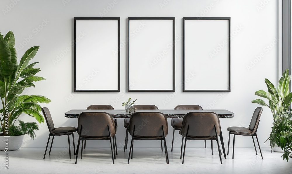 Modern dining room with three blank frames, brown leather chairs, and plants. Modern dining room with three blank frames, brown leather chairs, and plants.