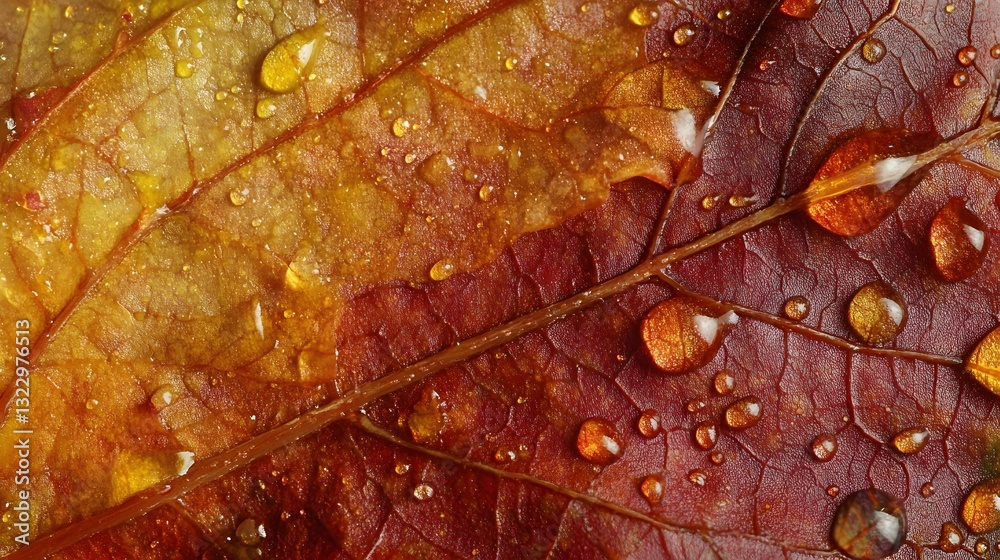 Fototapeta premium Close-Up of Water Droplets Clinging to the Surface of Colorful Autumn Leaves
