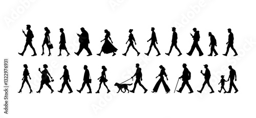 vector illustration. silhouettes of people walking along the street. Large set of characters of different ages.	
