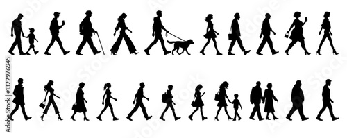 vector illustration. silhouettes of people walking along the street. Large set of characters of different ages.	
