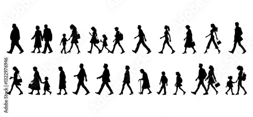 vector illustration. silhouettes of people walking along the street. Large set of characters of different ages.	
