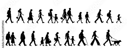vector illustration. silhouettes of people walking along the street. Large set of characters of different ages.	
