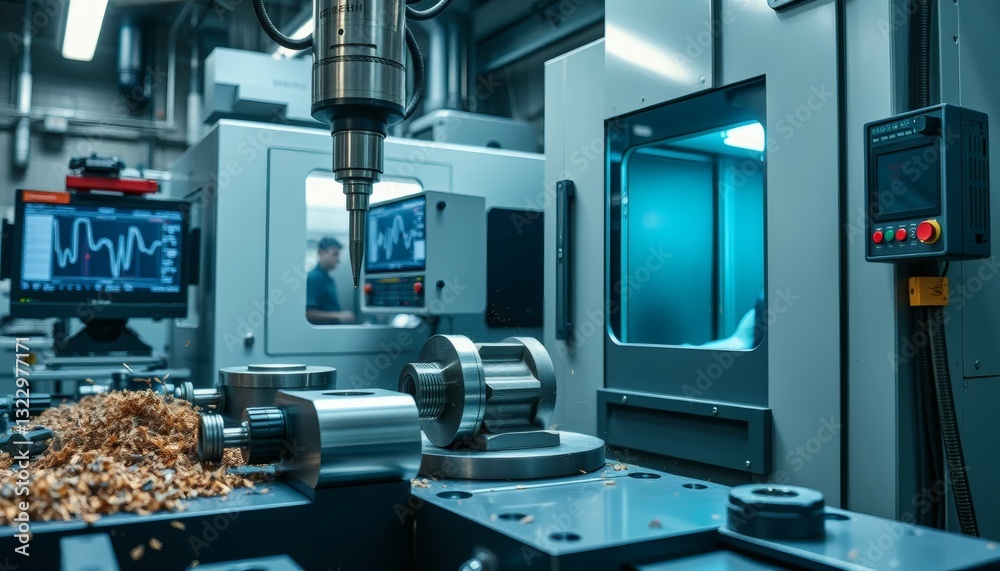 Fototapeta premium Cnc Machine Manufacturing Metal Parts in Modern Industrial Workshop Environment