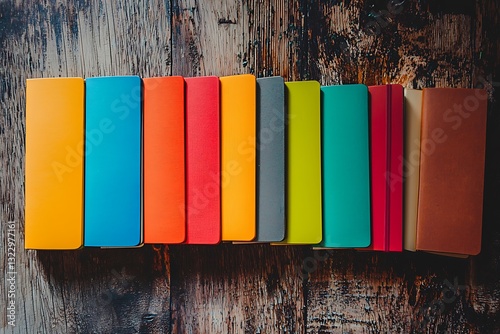 Vibrant notebooks arranged on a wood surface