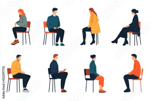 silhouette set people sit, men and women, walk stand in flat style, isolated,