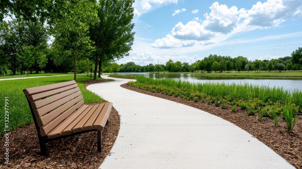 Bike lane circling a lake with garden beds and park benches, bike lane, peaceful cycling route through a natural setting Bike lane circling a lake with garden beds and park benches, bike lane, peaceful cycling route through a natural setting