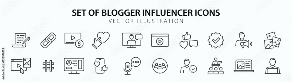 Blogger and Influencer web icons in line style. Blog, monetization, personal brand, video, likes, social media, collection. Vector illustration. Blogger and Influencer web icons in line style. Blog, monetization, personal brand, video, likes, social media, collection. Vector illustration.
