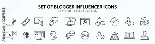 Blogger and Influencer web icons in line style. Blog, monetization, personal brand, video, likes, social media, collection. Vector illustration.
