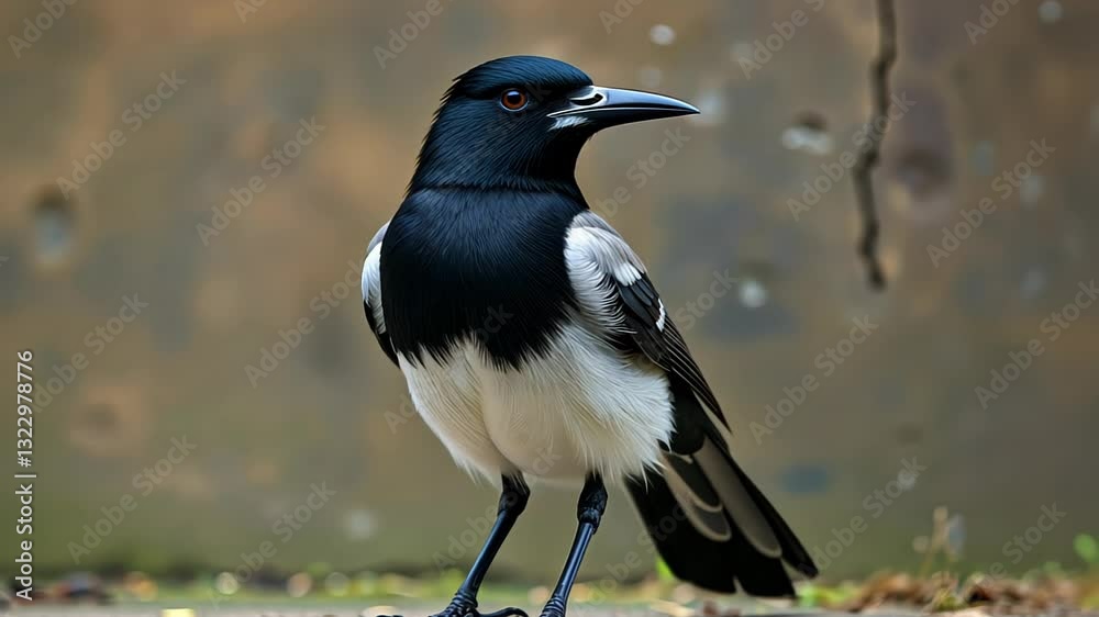 Black and white bird standing on the ground Black and white bird standing on the ground
