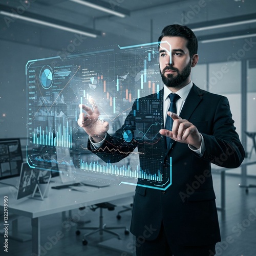 In an office, a young man views holographic stock market data, with his workspace visible behind him