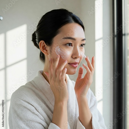 A young woman with glowing, flawless skin applying a hydrating face cream in a bright, minimalistic bathroom. The background is softly blurred, creating a fresh and clean skincare aesthetic.