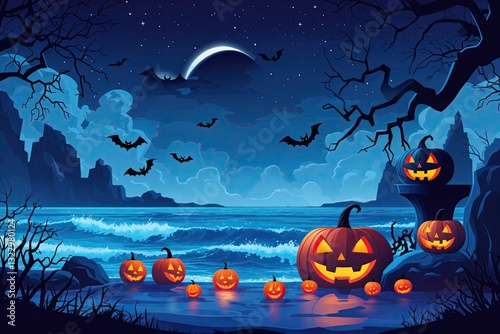 Eerie Halloween Ocean Blue Vector Background with Starry Midnight Sky