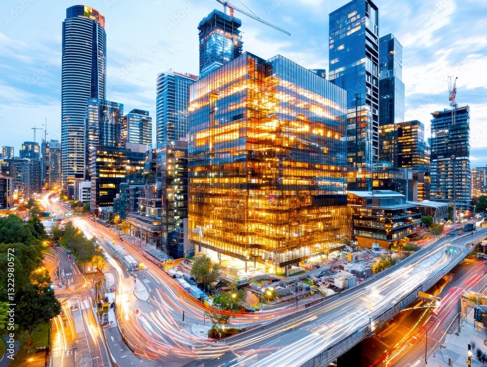 Dynamic city traffic flow modern urban center high-resolution photography evening skyline aerial view urban development Dynamic city traffic flow modern urban center high-resolution photography evening skyline aerial view urban development