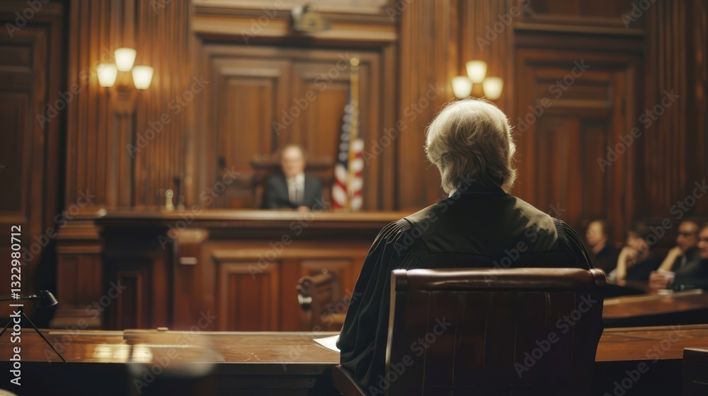 A judge delivering a verdict in a court trial. A judge delivering a verdict in a court trial.