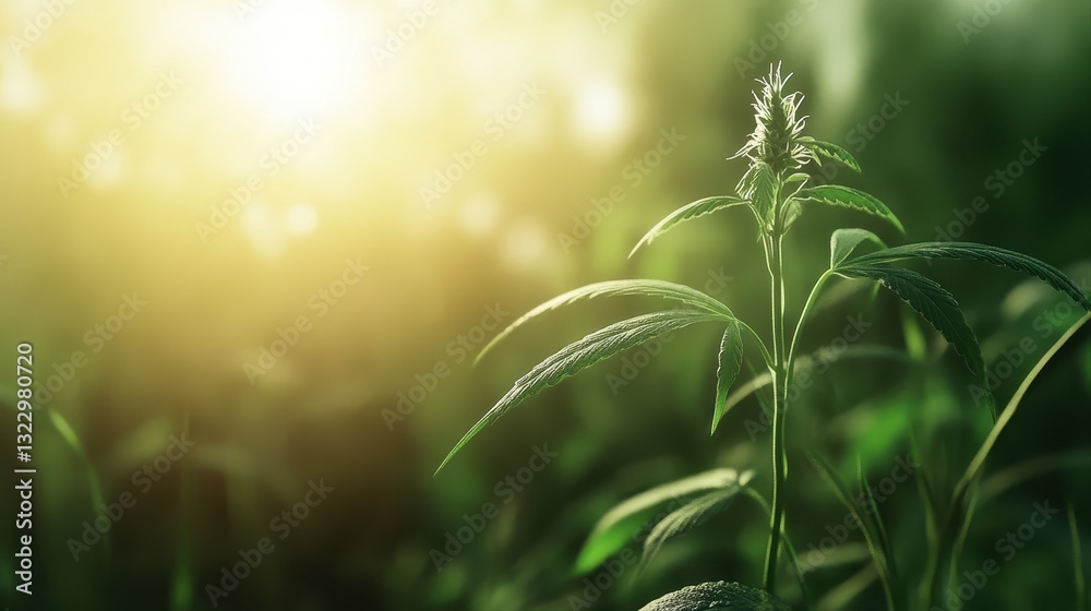Fototapeta premium Cannabis plant in full bloom with vibrant green leaves growing in a lush grass setting in natural sunshine