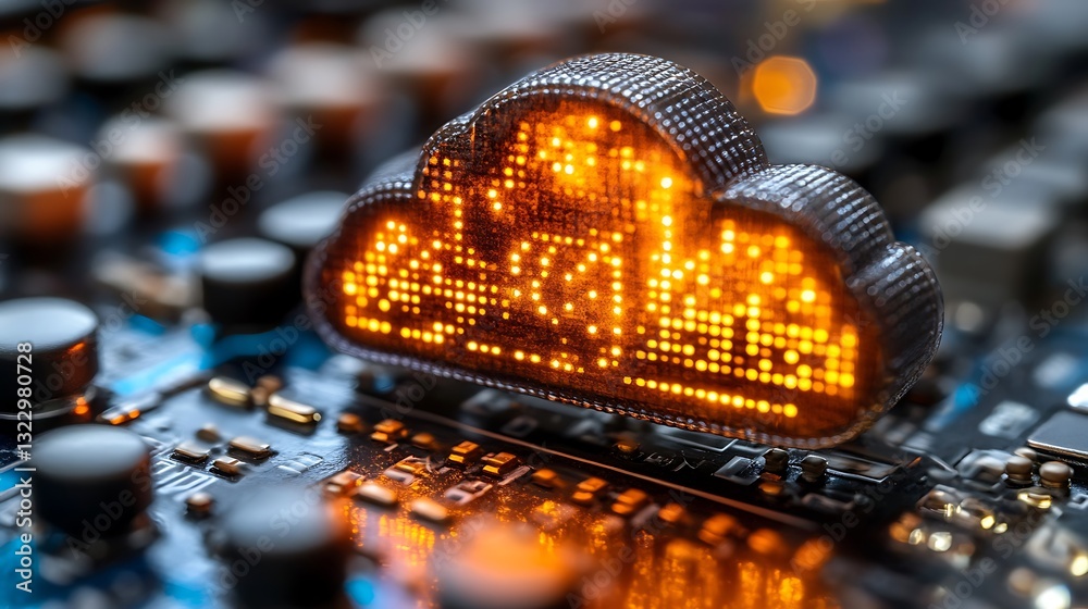 Obraz premium Cloud Computing Technology Illuminated on Electronic Circuit Board, 3d high tech design on digital board