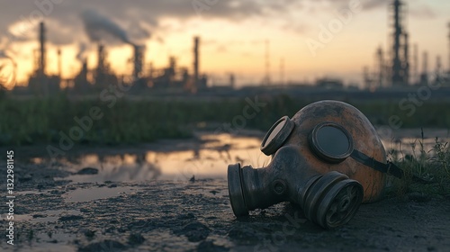 Wallpaper Mural Abandoned gas mask rests on polluted ground, industrial sunset backdrop; environmental pollution concept. Torontodigital.ca