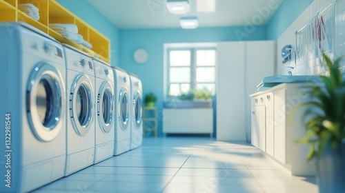 Modern Laundromat Interior Design: Clean and Bright Washroom with Row of Washing Machines