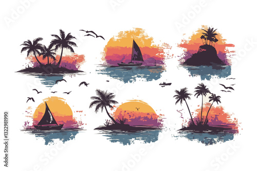 umbrella, illustration, wave, palm, rain, tree, cloud, cartoon
