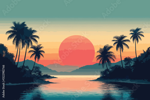 palm, tree, silhouette, evening, paradise, illustration, palms, sundown