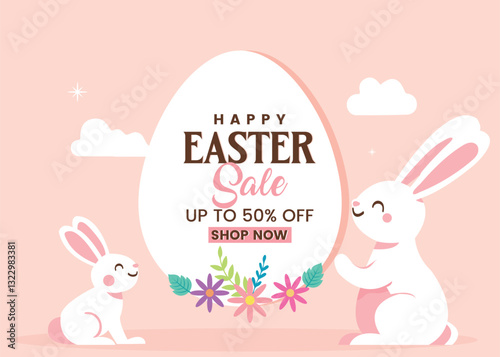 Happy Easter sale banner. Vector holiday frame. white  egg with hand painted decoration and leaves, isolated on pastel background. Design for holiday flyer, poster, party invitation.