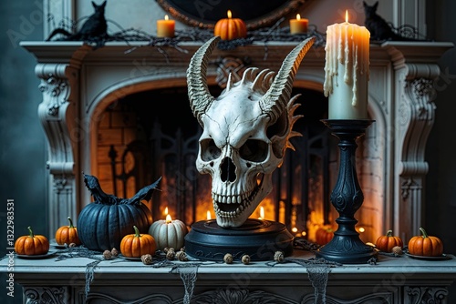 Eerie Halloween Still Life Featuring Wyvern Skull Scary Candle Stand and Spooky Fireplace Decor