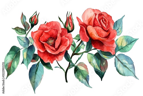 Watercolor sketch vibrant red roses with lush green leaves