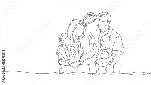 continuous line drawing of family of four holding their children -  image with white background