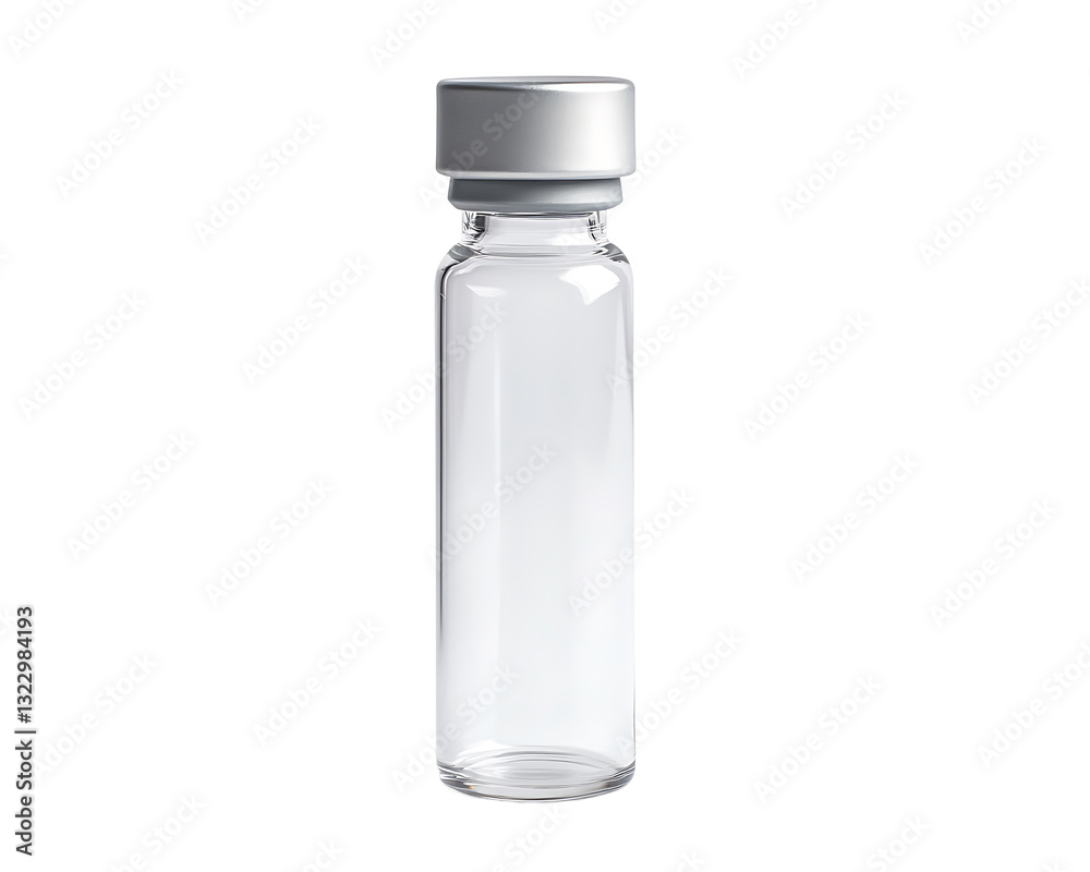 Clear Glass Vial with Silver Cap On Isolated White Background Clear Glass Vial with Silver Cap On Isolated White Background