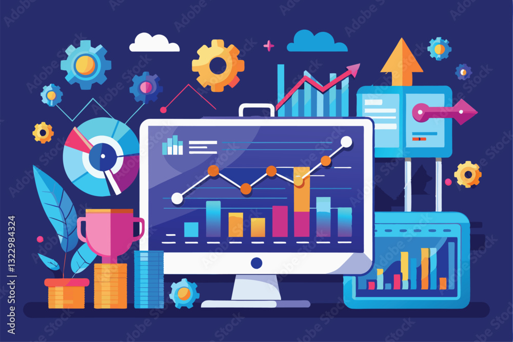 Naklejka premium A computer displays dynamic graphs and charts for stock market analysis against a blue background, Stock market analysis trending