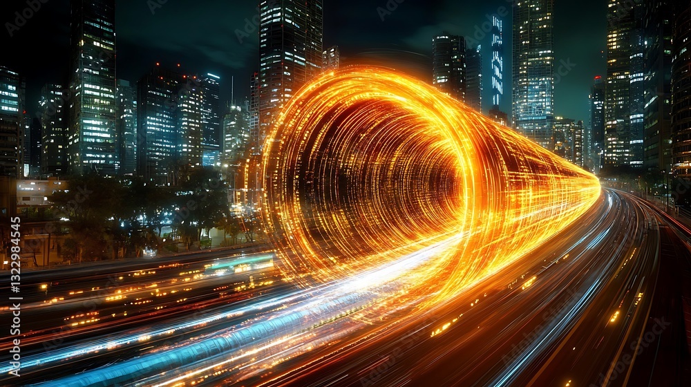 Obraz premium Futuristic Digital Speed Trail Light Effect in Cityscape Background