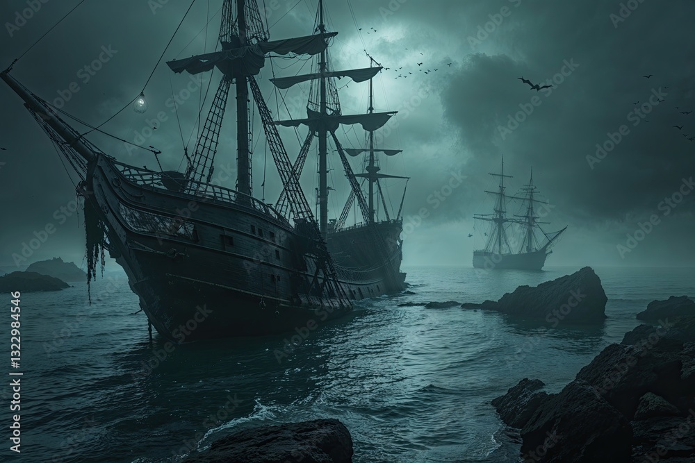 Fototapeta premium Haunted Shipwreck in Dark Ominous Waters