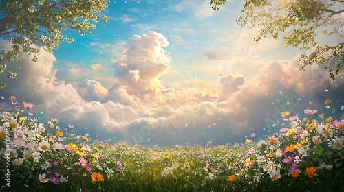 Whimsical spring landscape with flowers and sky