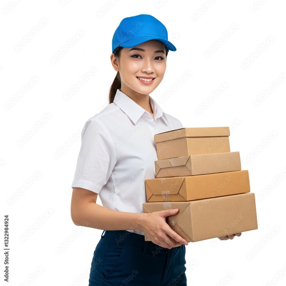Delivery person holding packages wearing blue cap. Woman courier smiling happy isolated on white background. Beautiful young mixed race Caucasian Chinese Asian female professional Delivery person holding packages wearing blue cap. Woman courier smiling happy isolated on white background. Beautiful young mixed race Caucasian Chinese Asian female professional