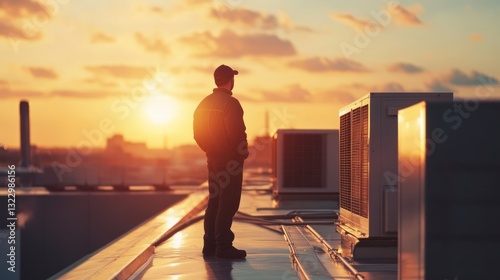 Rooftop worker sunset cityscape HVAC inspection