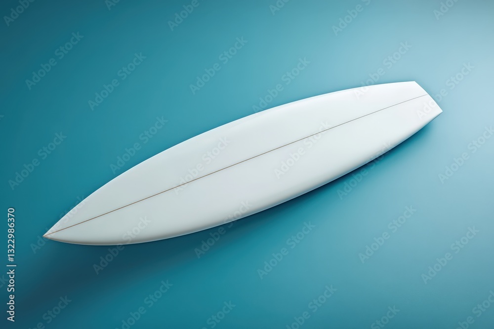 A white surfboard lays centered on a gradient turquoise background