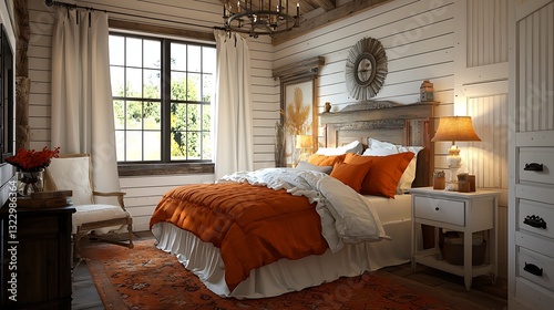White and orange farmhouse bedroom with wood furniture