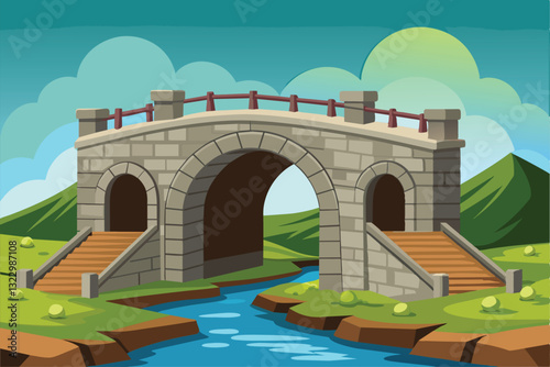 A customizable stone bridge spans across a serene river, with grassy hills rising in the background, Stone bridge Customizable Disproportionate Illustration