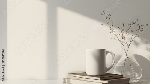Minimalist Interior Design with Off-White Mug and Flowers on Shelves in Soft Natural Light