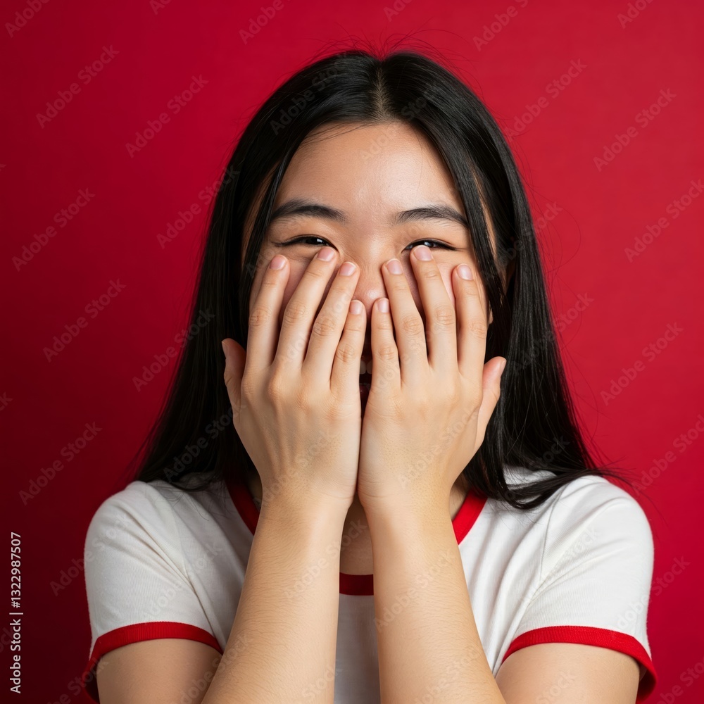 Playful shy woman hiding face laughing timid. Cute Chinese Asian Caucasian woman smiling happy through hands. Red background Playful shy woman hiding face laughing timid. Cute Chinese Asian Caucasian woman smiling happy through hands. Red background