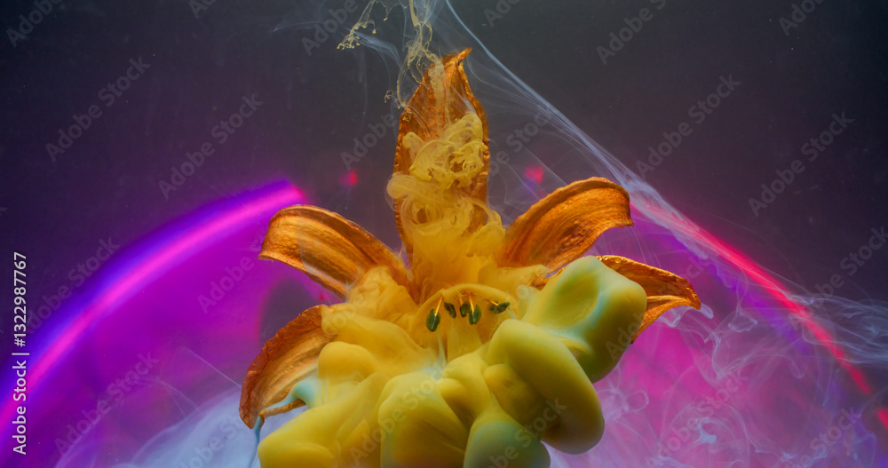 Fototapeta premium Paint mist. Flower smoke. Yellow brown flow fall on lily natural petals. Haze neon color powder blend on purple gleam round arch background.