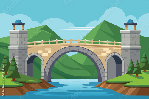 A charming stone bridge crosses a tranquil river, framed by lush green mountains and tall pine trees, Stone bridge Customizable Semi Flat Illustration