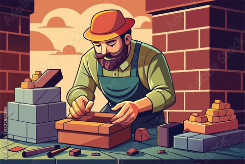 A skilled stonemason meticulously shapes bricks at his workshop, surrounded by tools and materials, Stonemason work with bricks concept,