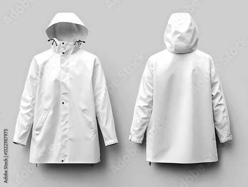 White raincoat mockup, front and back view isolated, oversized jacket for rainy protection