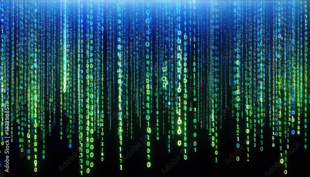 Stream of falling binary code in neon green and blue colors representing digital data flow Stream of falling binary code in neon green and blue colors representing digital data flow