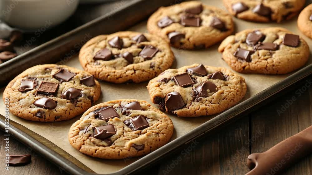 Freshly baked chocolate chip cookies cooling on a tray in a cozy kitchen setting Freshly baked chocolate chip cookies cooling on a tray in a cozy kitchen setting