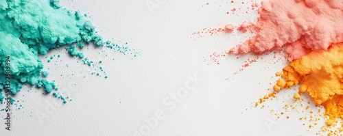 Digital watercolor painting abstract background concept. Colorful powders create an artistic display on a white background for creative projects.