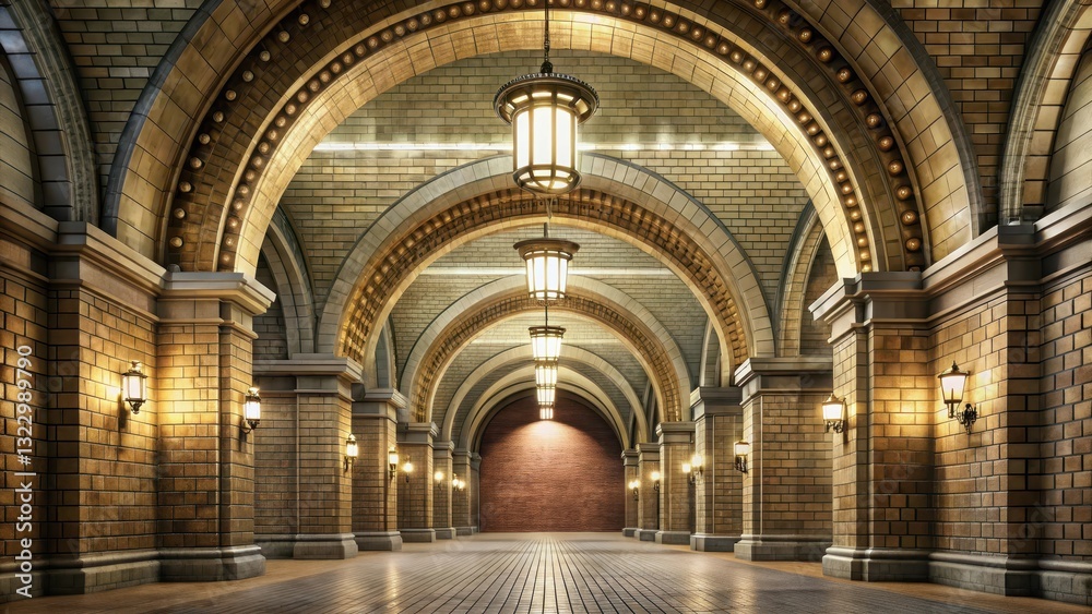 Fototapeta premium Elegant arched hallway with ornate lighting fixtures and brick walls