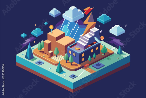 A colorful isometric environment showcases a storm with clouds, lightning, houses, and trees, Storm Customizable Isometric Illustration